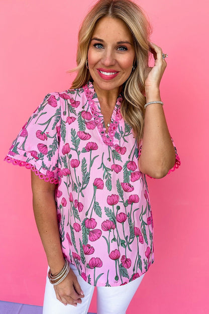 Pink Floral Print Lace Detail Frill V Neck Blouse