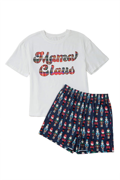 Pink Mama Claus Plaid Letter Tee Nutcracker Shorts 2pcs Lounge Set