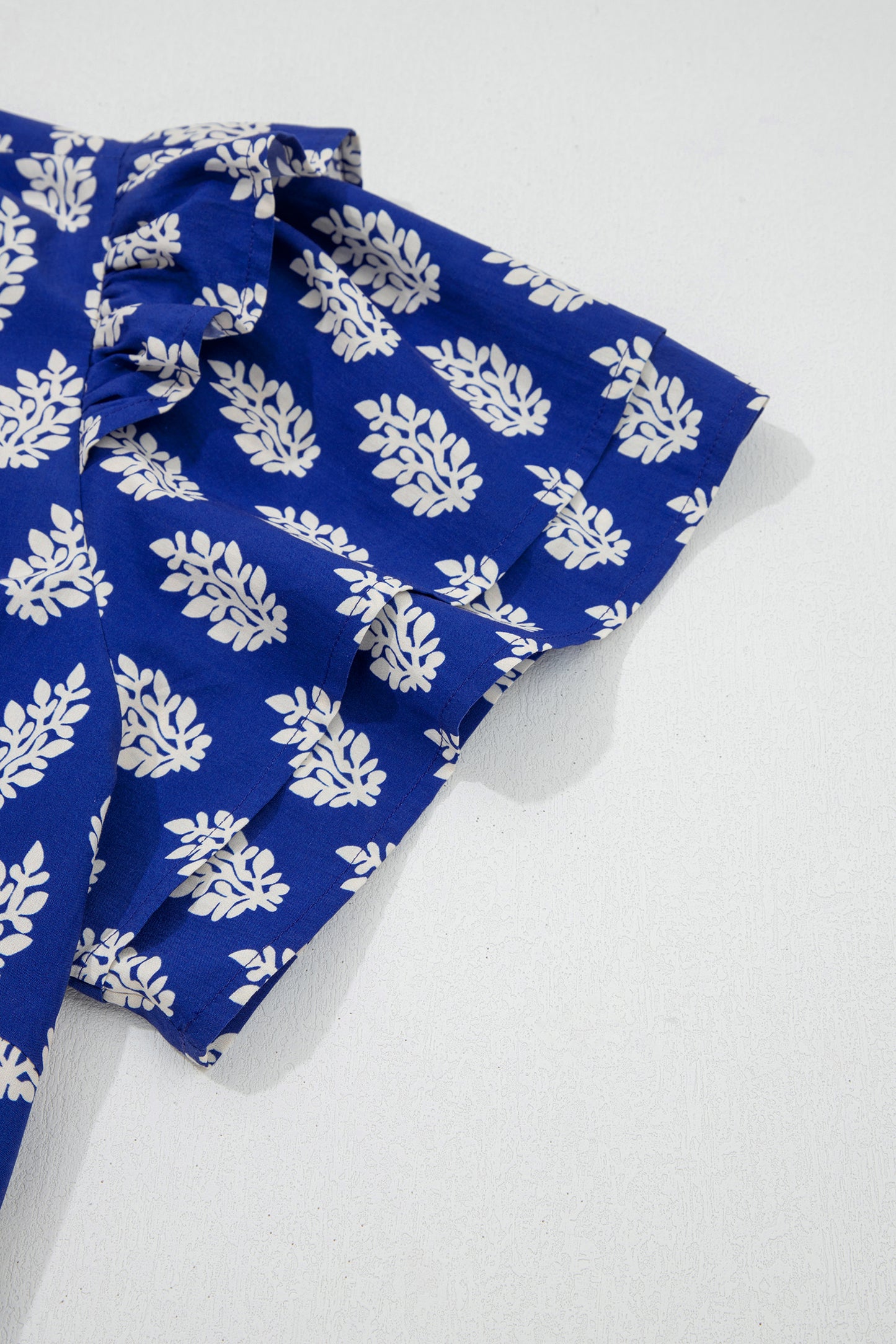 Blue Plus Size Botanical Print Tie V Neck Ruffle Short Sleeve Blouse
