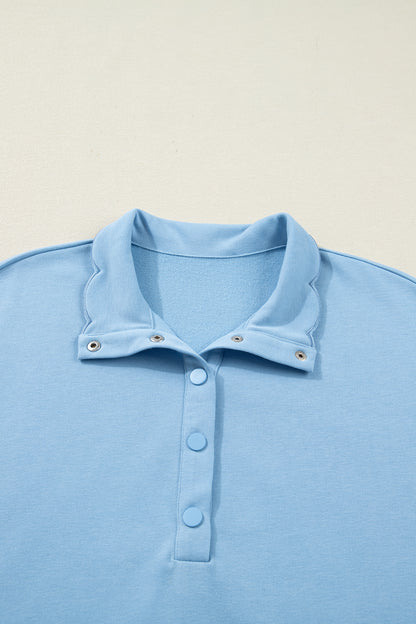 Beau Blue Solid Color Snap Button Polo Collar Short Sleeve Scallop Hem Mini Dress
