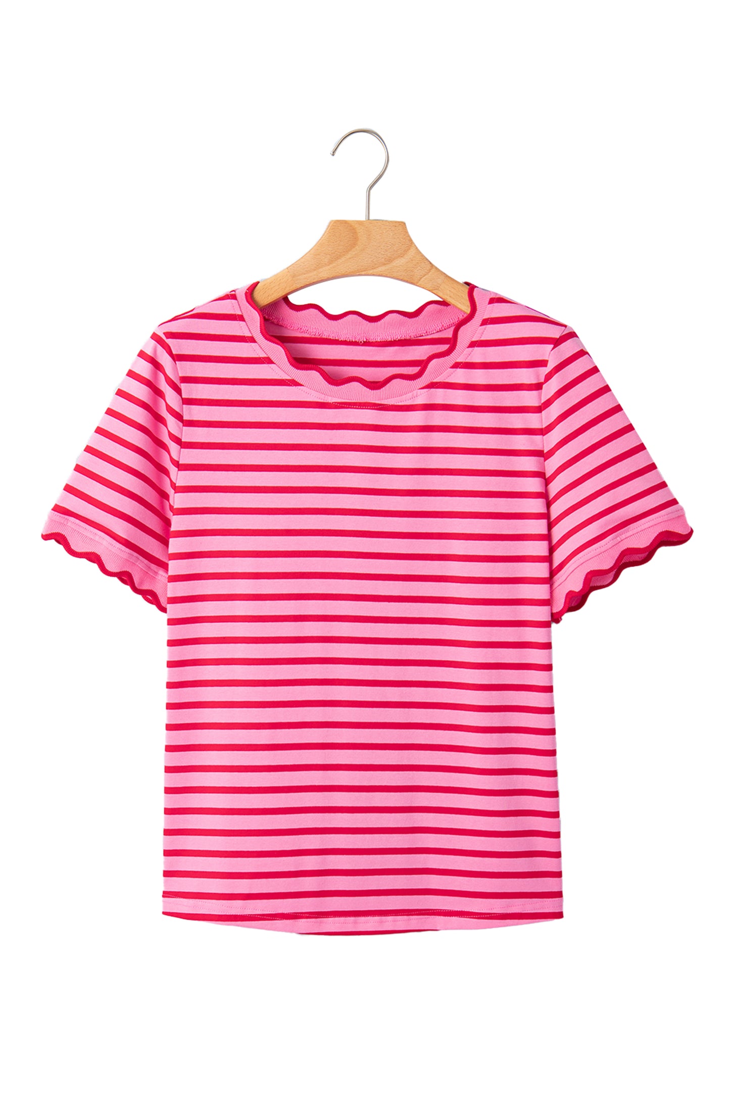 Red Stripe Scalloped Trim Round Neck T Shirt