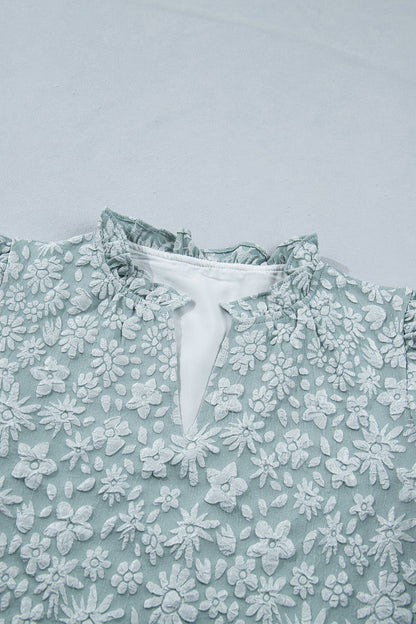 Apricot Pink Floral Textured Jacquard Puff Sleeve Blouse