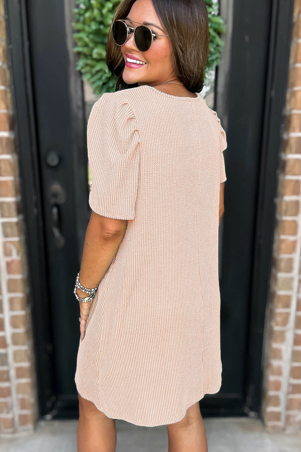 Parchment Corded Crew Neck Puff Sleeve Mini Dress