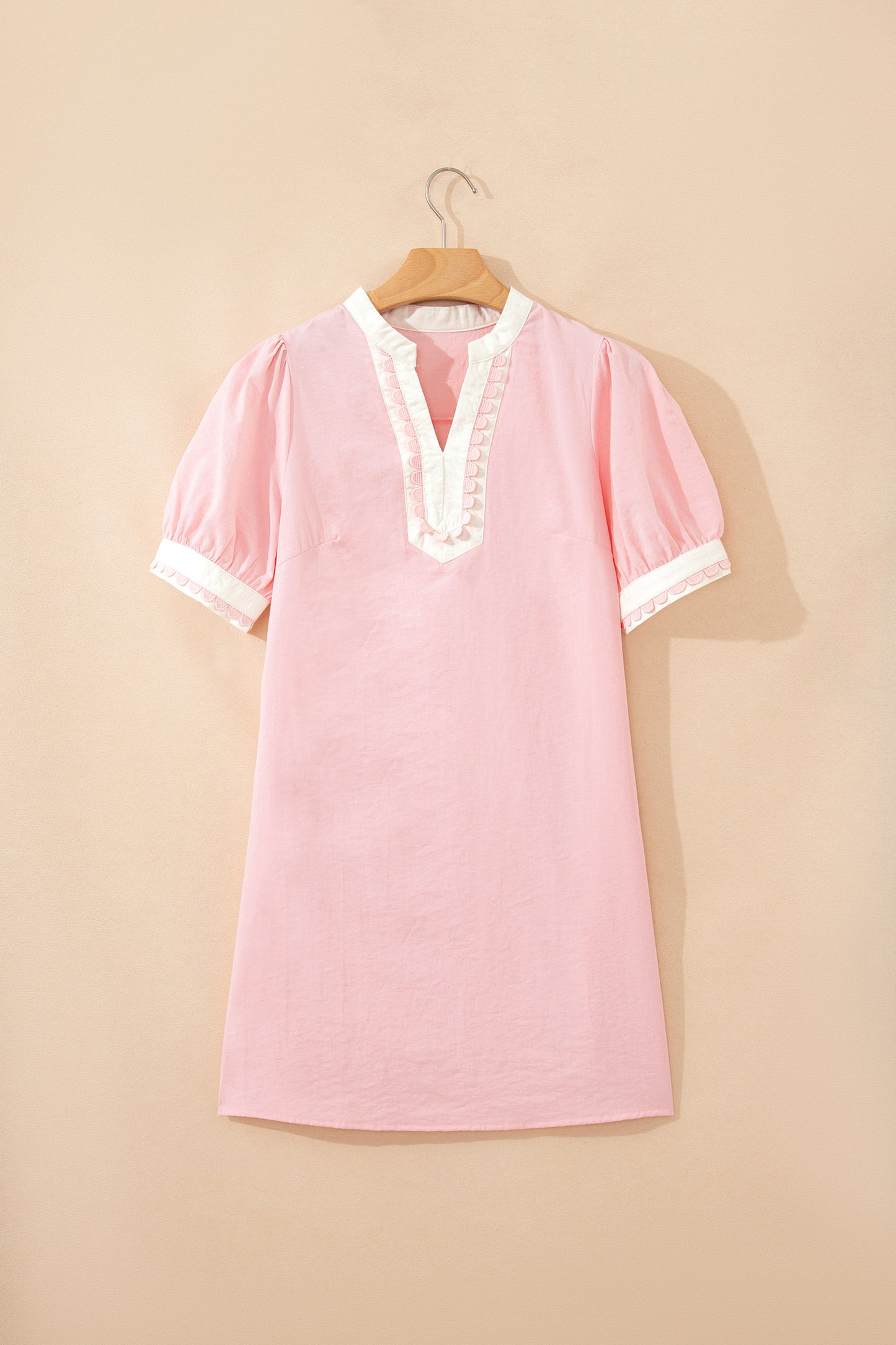 Canton Scallop Color Block Trim Puff Sleeve Mini Dress