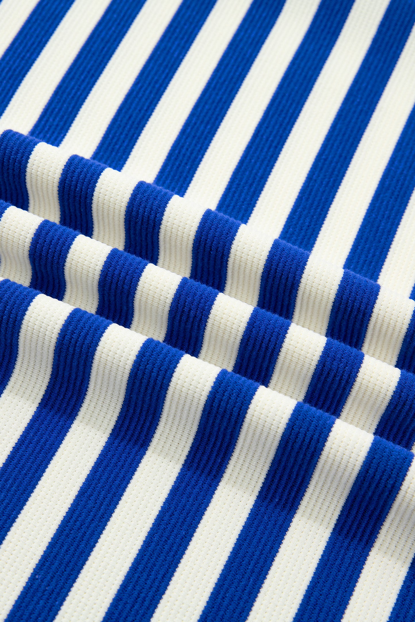 Blue Stripe Contrast Trim Polo Collar Ruffled Short Sleeve Blouse