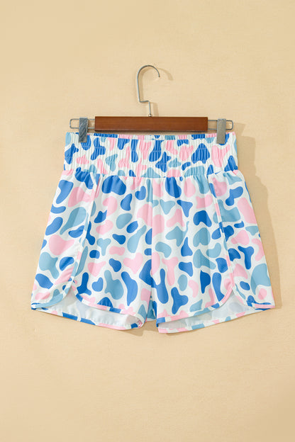 Green Camouflage Print Shirred High Waist Athleisure Shorts