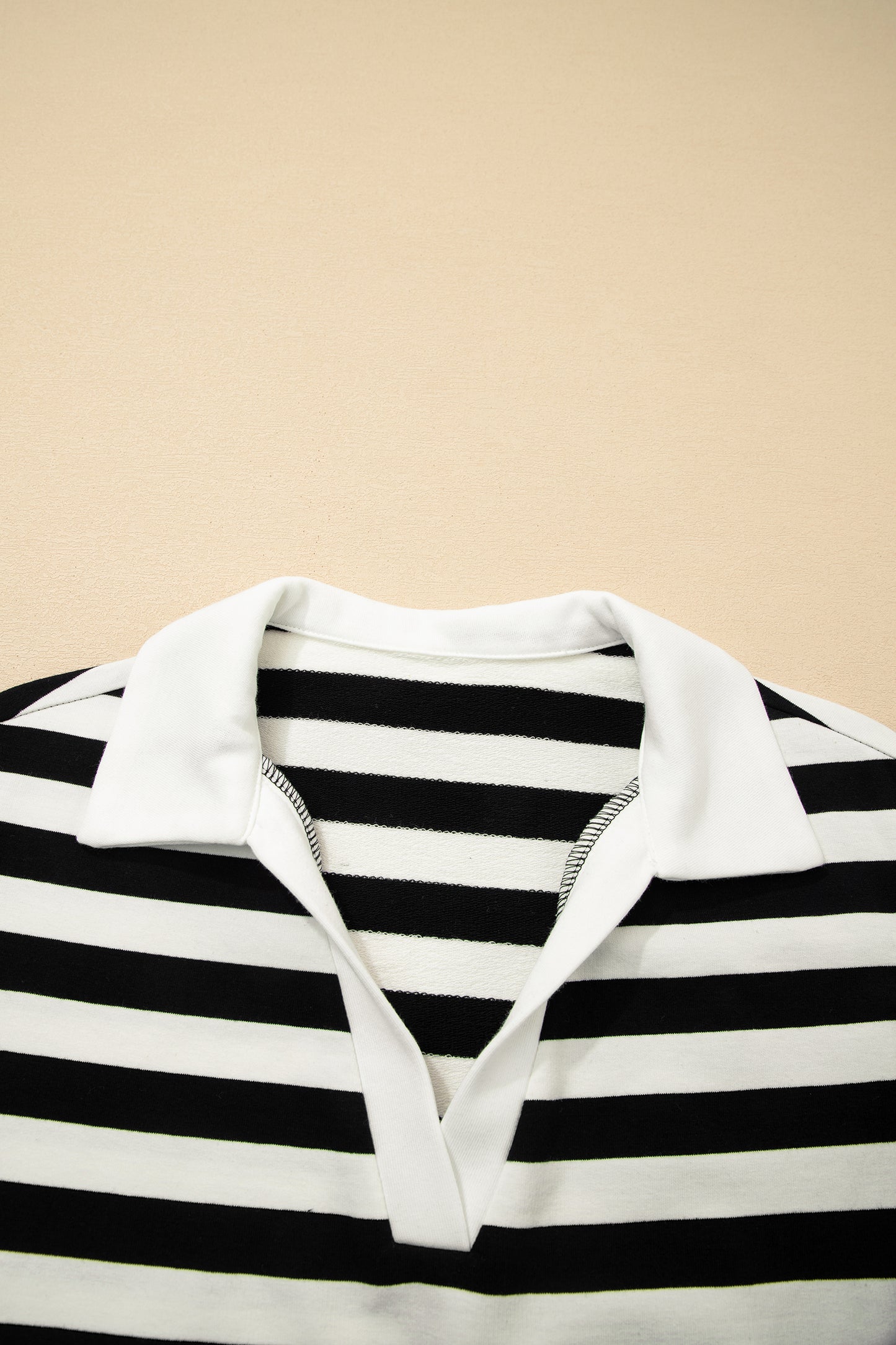 Pink Stripe Collar V Neck Ruffled Short Sleeve Blouse
