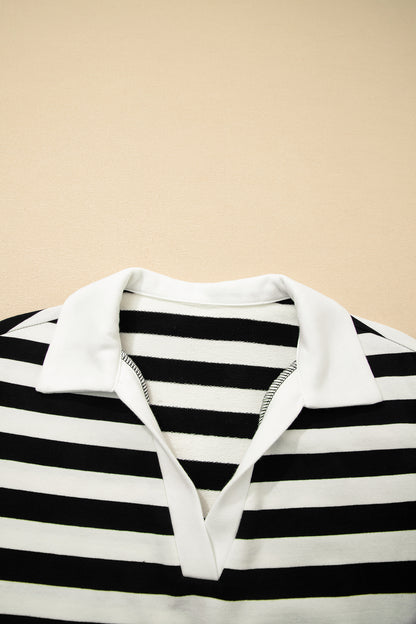 Pink Stripe Collar V Neck Ruffled Short Sleeve Blouse