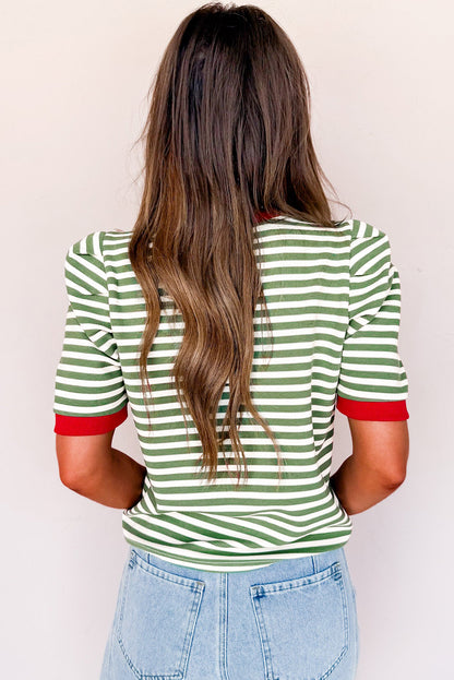 Rose Stripe Short Puff Sleeve Contrast Trim Round Neck Tee