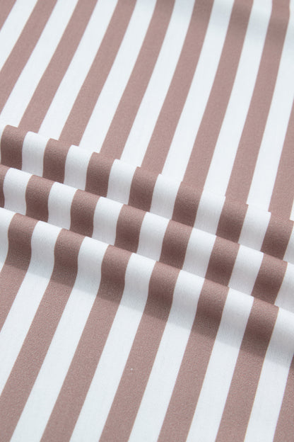 Orange Stripe Ribbed Trim Round Neck Short Puff Sleeve Plus T Shirt