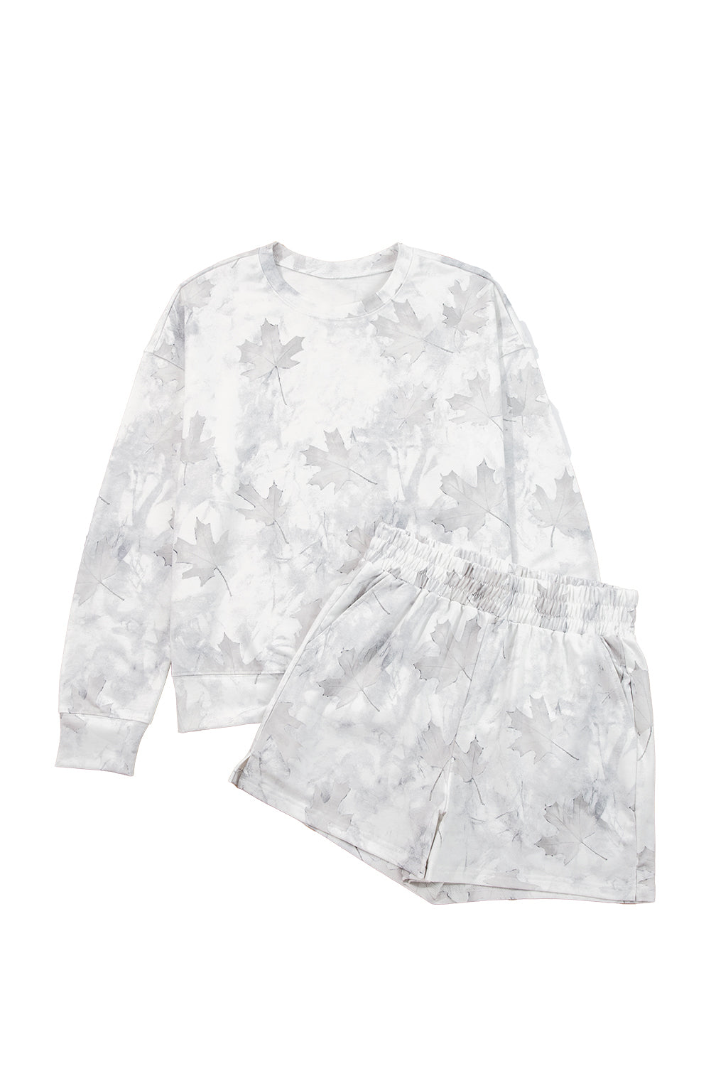 Beige Maple Camo Print Pullover Top and Elastic Waist Casual Short Set