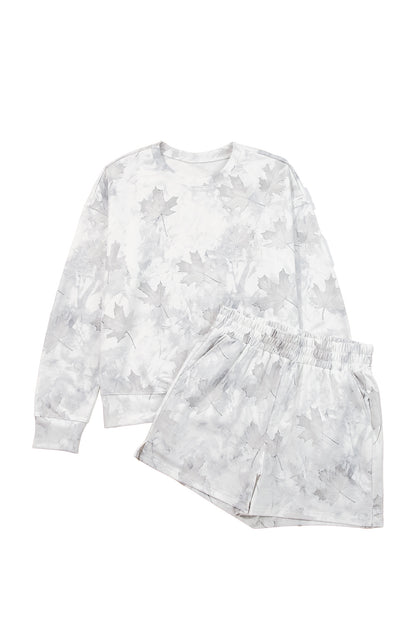 Beige Maple Camo Print Pullover Top and Elastic Waist Casual Short Set