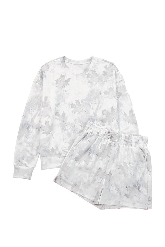 Beige Maple Camo Print Pullover Top and Elastic Waist Casual Short Set