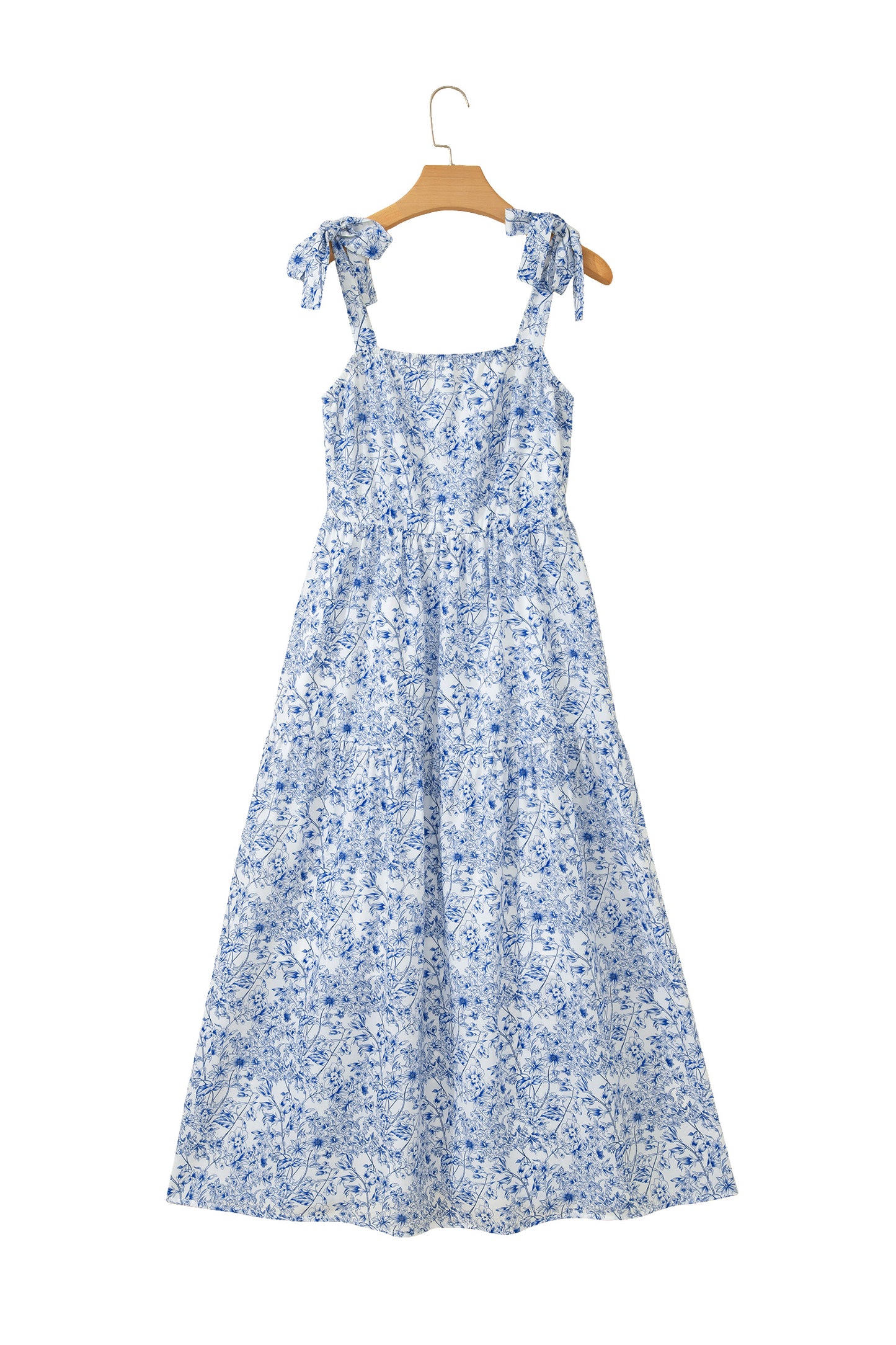 Sky Blue Floral Print Knot Straps High Waist Flared Maxi Dress