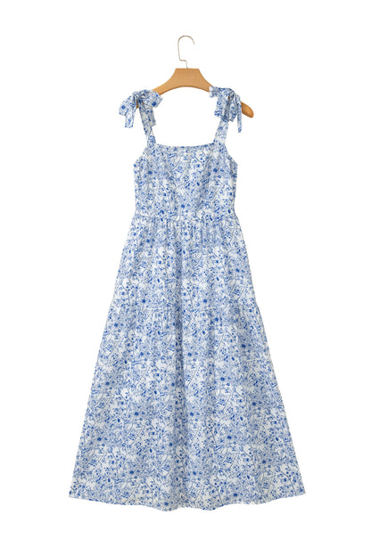 Sky Blue Floral Print Knot Straps High Waist Flared Maxi Dress