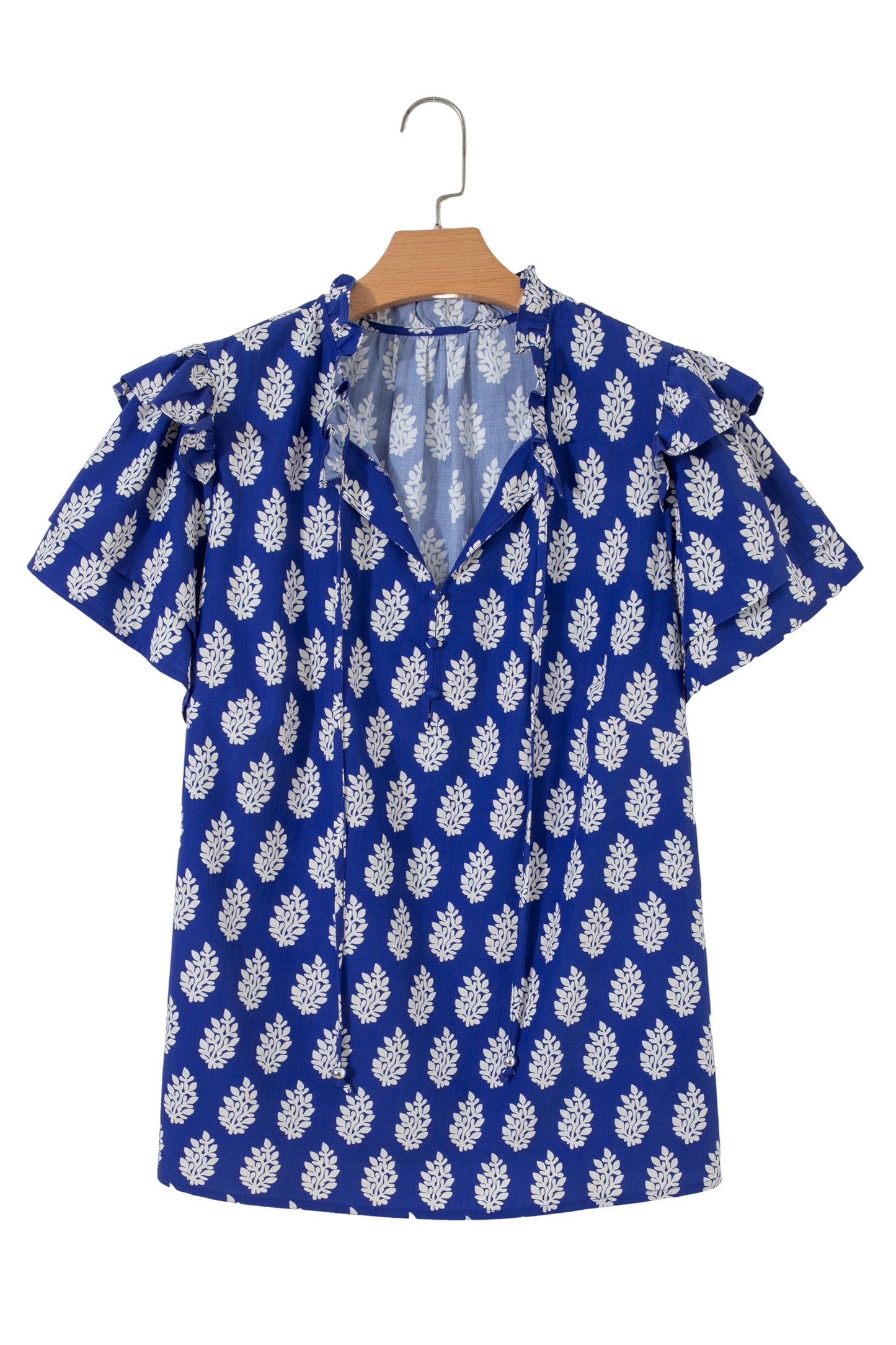 Blue Plus Size Botanical Print Tie V Neck Ruffle Short Sleeve Blouse