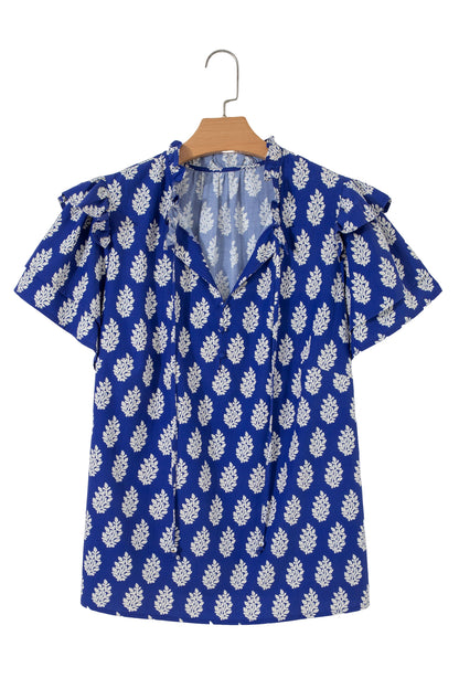 Blue Plus Size Botanical Print Tie V Neck Ruffle Short Sleeve Blouse