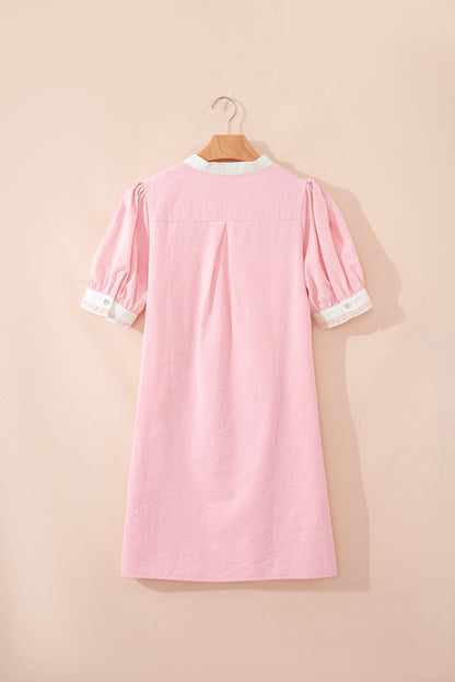 Canton Scallop Color Block Trim Puff Sleeve Mini Dress