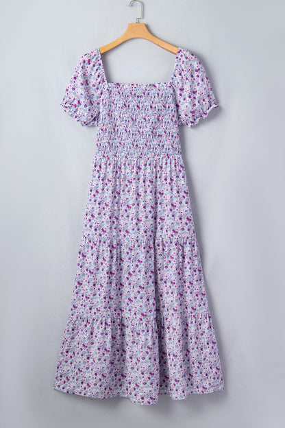 Purple Plus Size Floral Print Square Neck Smocked Maxi Dress