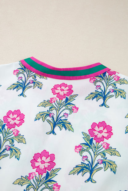 White Allover Floral Print Pop of Color Neckline Puff Sleeve Plus Size Dress