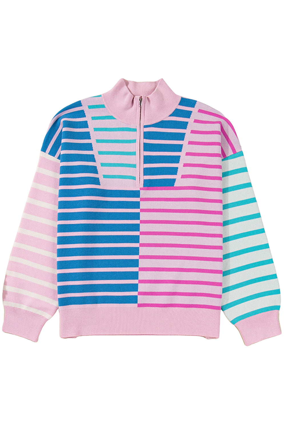 Sky Blue Stripe Colorblock Patchwork Plus Size Zip Collar Sweater