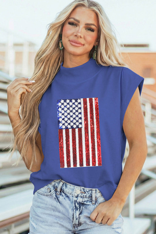 Sky Blue Sequin American Flag High Neck Short Sleeve Top