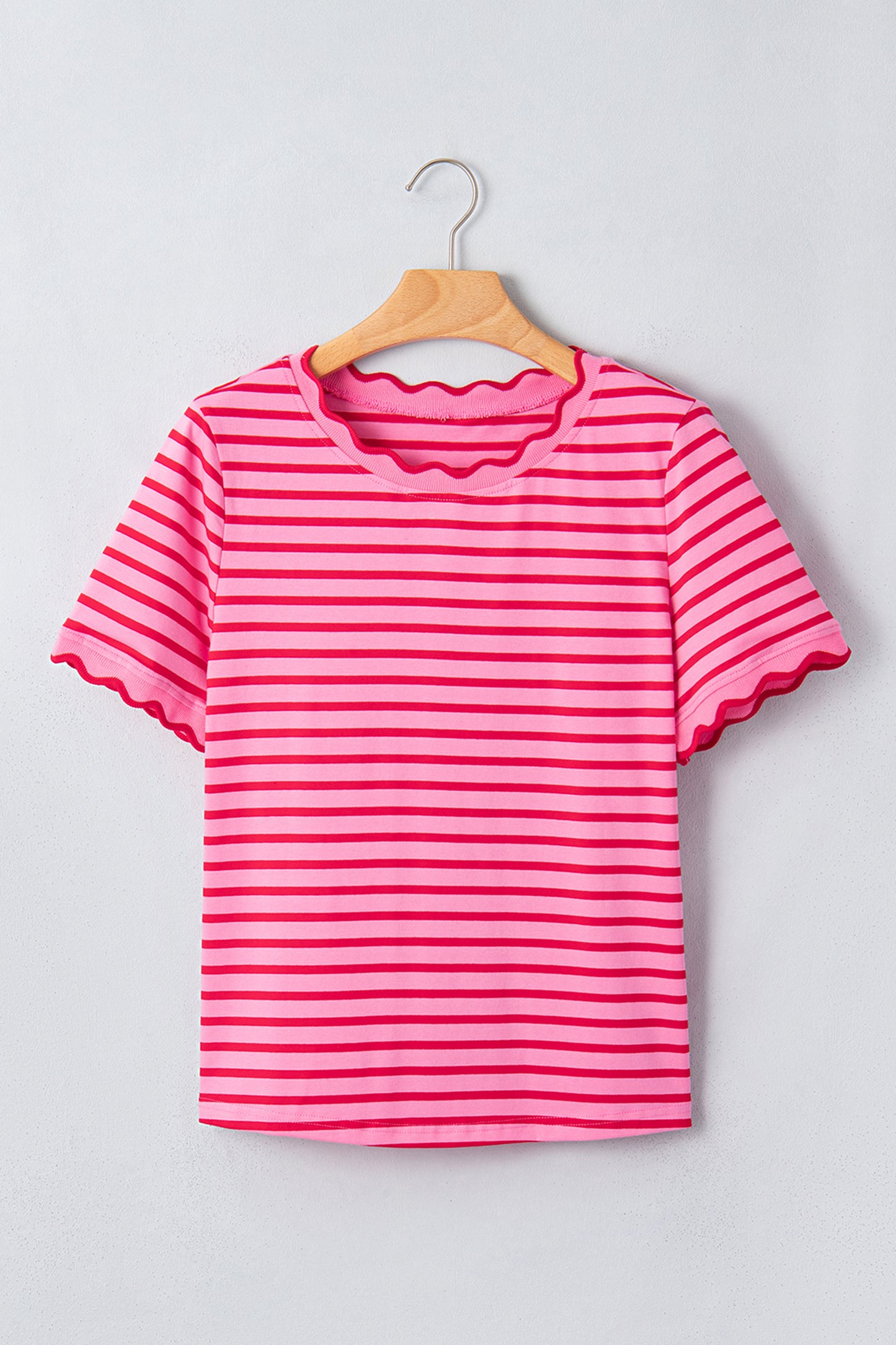 Red Stripe Scalloped Trim Round Neck T Shirt