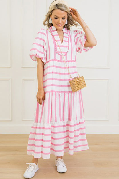 Sky Blue Stripe Ricrac Trim Notched Neck Half Sleeve Vacation Dress