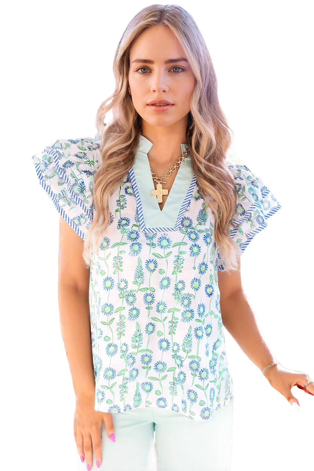 Green Floral Print Striped Trim Contrast V Neck Patchwork Boho Blouse