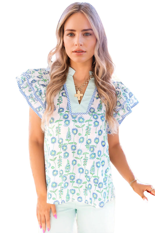 Green Floral Print Striped Trim Contrast V Neck Patchwork Boho Blouse