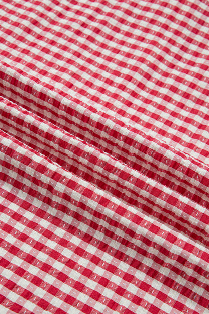 Red Plaid Short Sleeve Colorblock Trim Split Neck Blouse