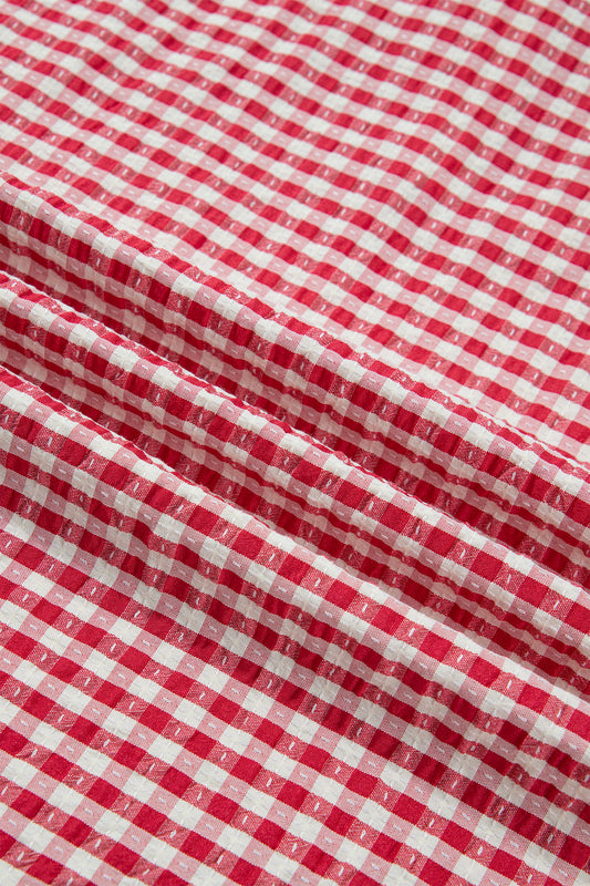 Red Plaid Short Sleeve Colorblock Trim Split Neck Blouse