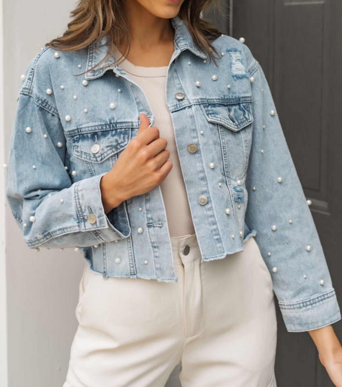 Pearl Cropped Denim Jacket