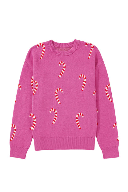 Sachet Pink Christmas Candy Cane Drop Shoulder Sweater