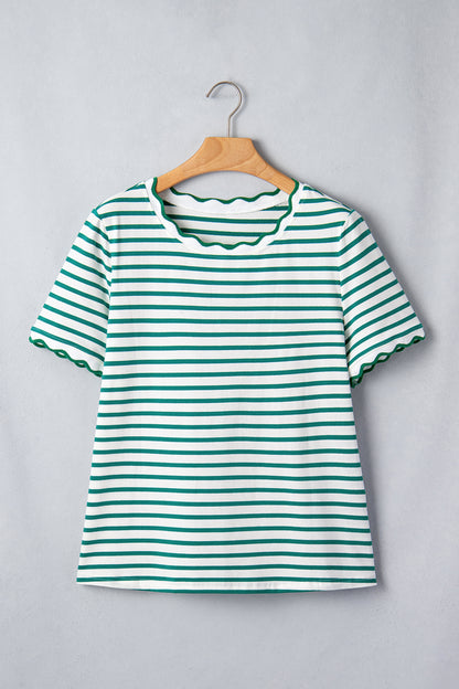 Red Stripe Scalloped Trim Round Neck T Shirt