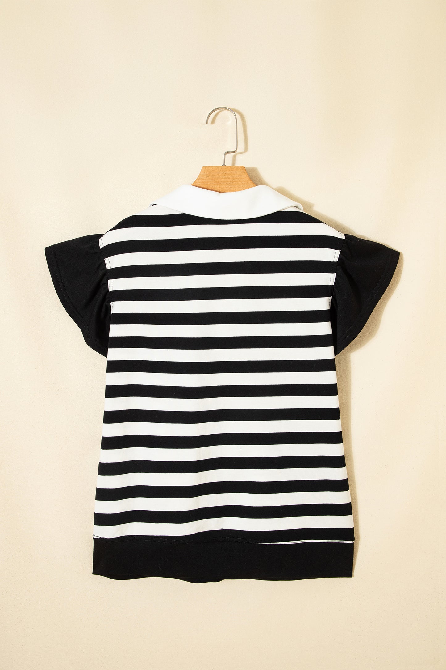 Pink Stripe Collar V Neck Ruffled Short Sleeve Blouse