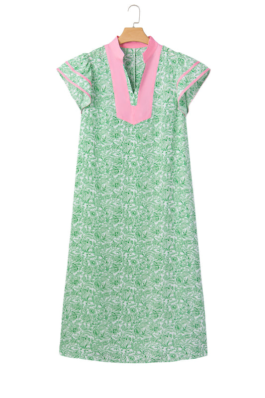 Green Plus Size Contrast Trim Flutter Sleeve Floral Kaftan Maxi Dress