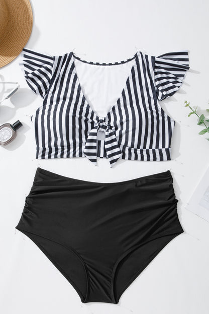 Black Stripe Plus Size Knot Cutout Ruffle Sleeve and High Waist Swimsuit Set