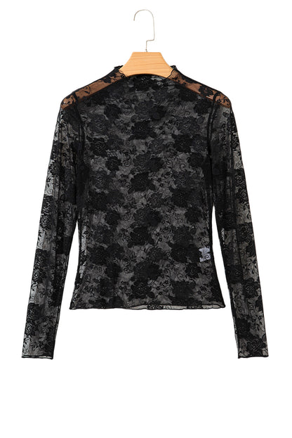 Black Mock Neck Floral Lace Mesh Long Sleeve Top