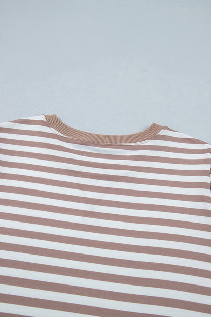 Orange Stripe Ribbed Trim Round Neck Short Puff Sleeve Plus T Shirt