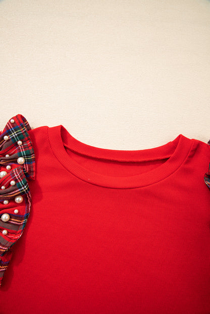 Racing Red Pearl Plaid Ruffle Sleeve Loose T Shirt