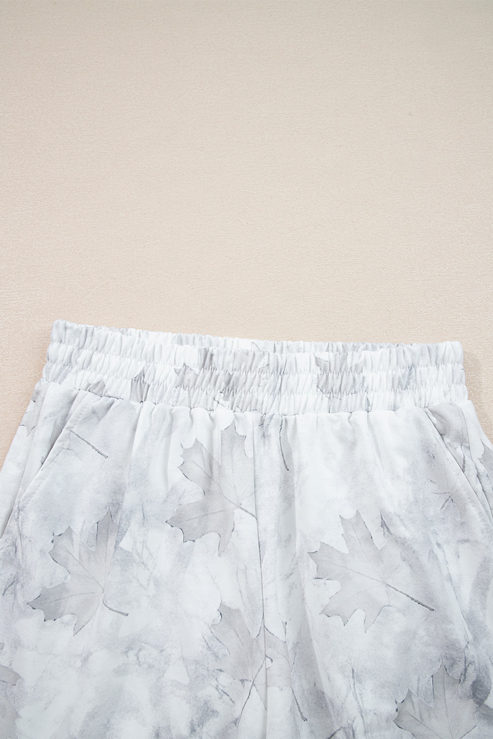 Beige Maple Camo Print Pullover Top and Elastic Waist Casual Short Set