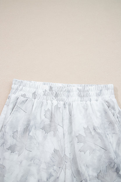 Beige Maple Camo Print Pullover Top and Elastic Waist Casual Short Set