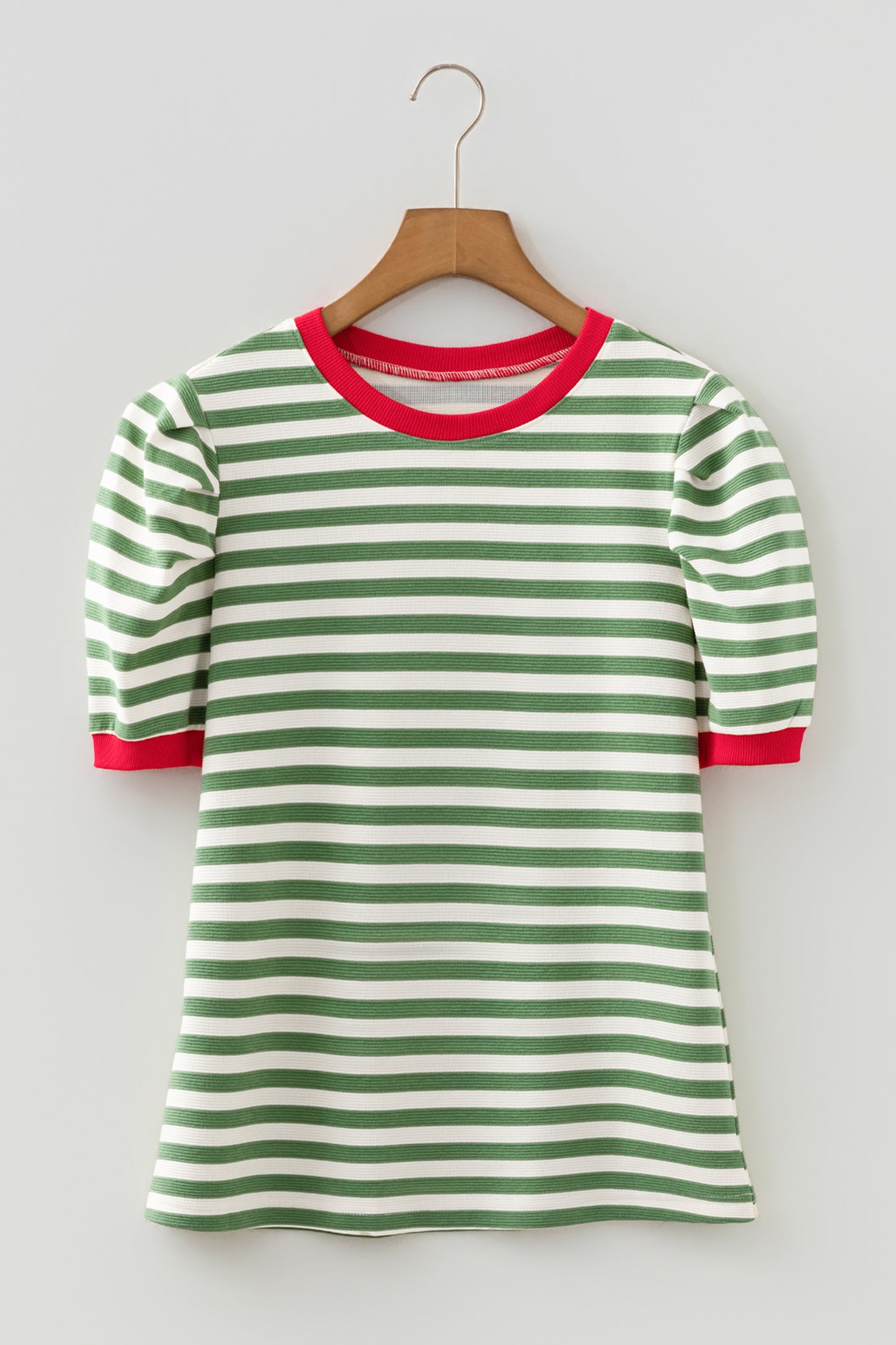 Rose Stripe Short Puff Sleeve Contrast Trim Round Neck Tee