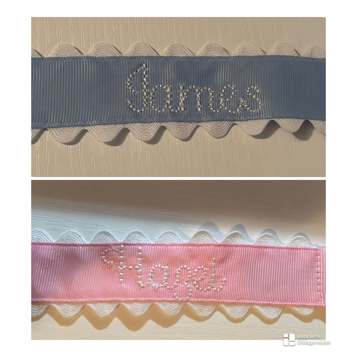 Custom Embroidered Name Paci Clips with Scallop Trim