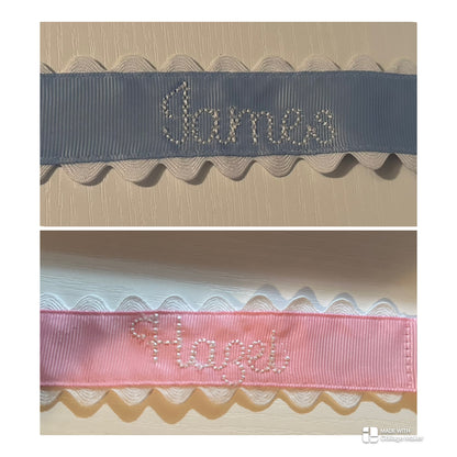 Custom Embroidered Name Paci Clips with Scallop Trim