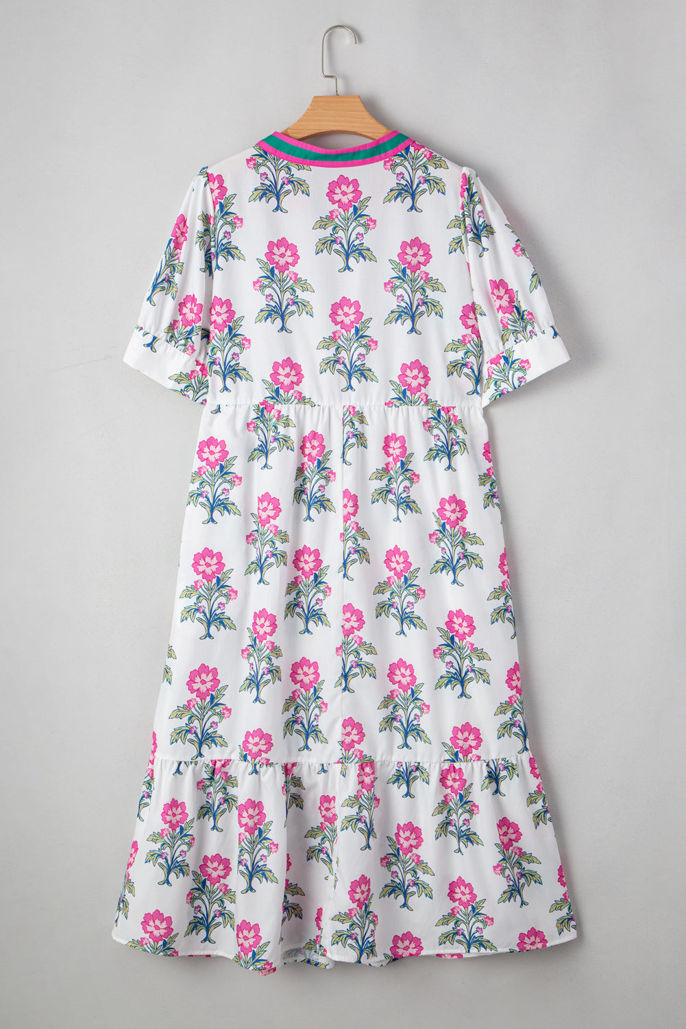 White Allover Floral Print Pop of Color Neckline Puff Sleeve Plus Size Dress