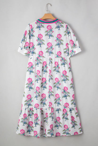 White Allover Floral Print Pop of Color Neckline Puff Sleeve Plus Size Dress