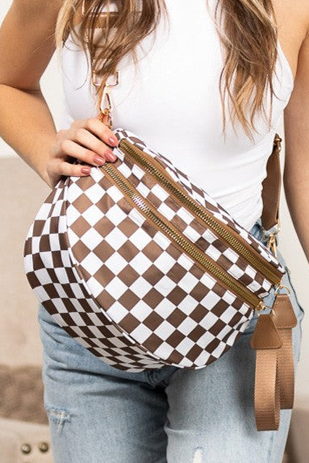 Pink Checkered Print Wide Strap Large Crossbody Bag
