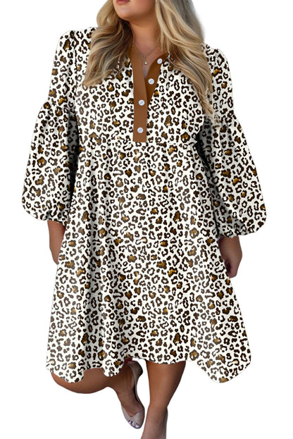 Khaki Plus Size Button V Neck Leopard Print Puff Sleeve Loose Mini Dress